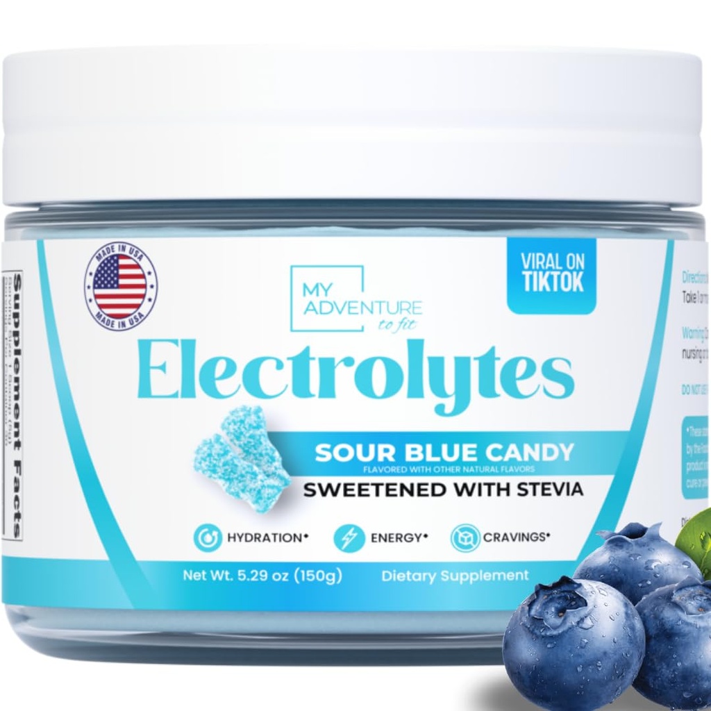 Zero Sugar - Sour Blue Candy Electrolytes Powder - Odświeżająca Nawodnienie - Bezkofeinowa Energia - Wszystkie naturalne składniki - Wegan, Keto & Paleo - Bezcukrowy Electrolyte Proszek Drink Mix - 30 Słupki