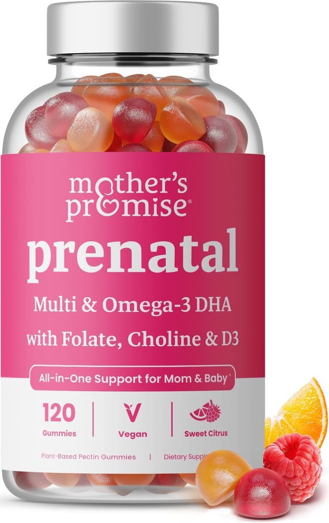 Witaminowe gumki prenatalne z DHA Yellow 124; Wegańskie witaminy prenatalne dla kobiet z Omega 3, Metylofolianem, Choliną & D3, Witaminy ciążowe dla rozwoju płodów 124; Suplement Gummy Multivitamin, 120