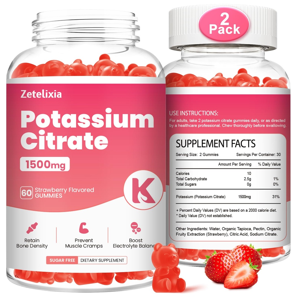 2 Pack Gummies potasu dla dorosłych Kobiety i mężczyźni, suplement potasu Citrate, Kurcze nogi wsparcia, Zdrowie mięśni i równowagi elektrolitowej, Bez cukru, Organic, Wegan, Truskawka, 120 Cts