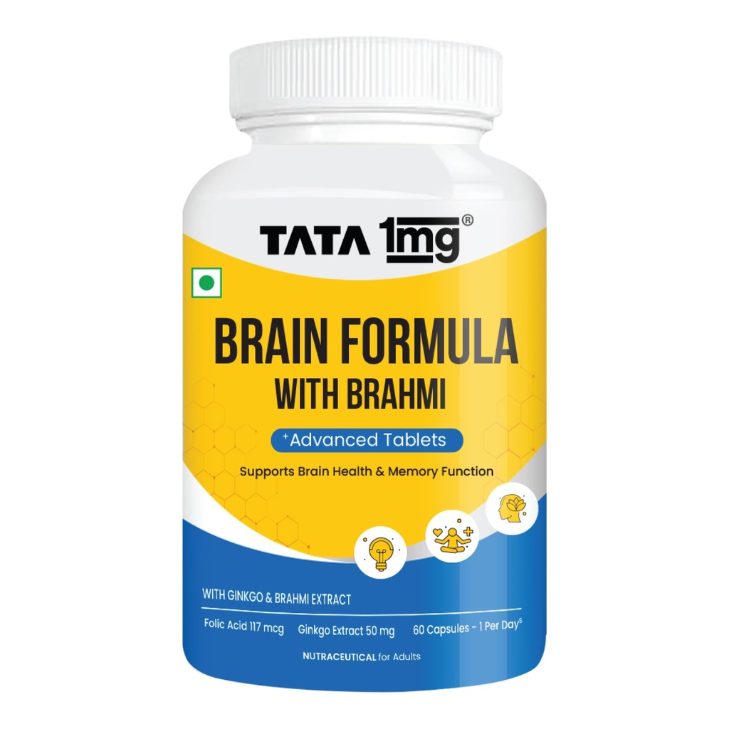 TATA 1MG Brain Formula With Vitamin B Complex, L-Tyrosine, L-Theanine, Brahmi, Ginkgo And Pine Bark Extract Capsule Helps In Improving Memory And Concentration For Unisex (Pack Of 60 Capsules)