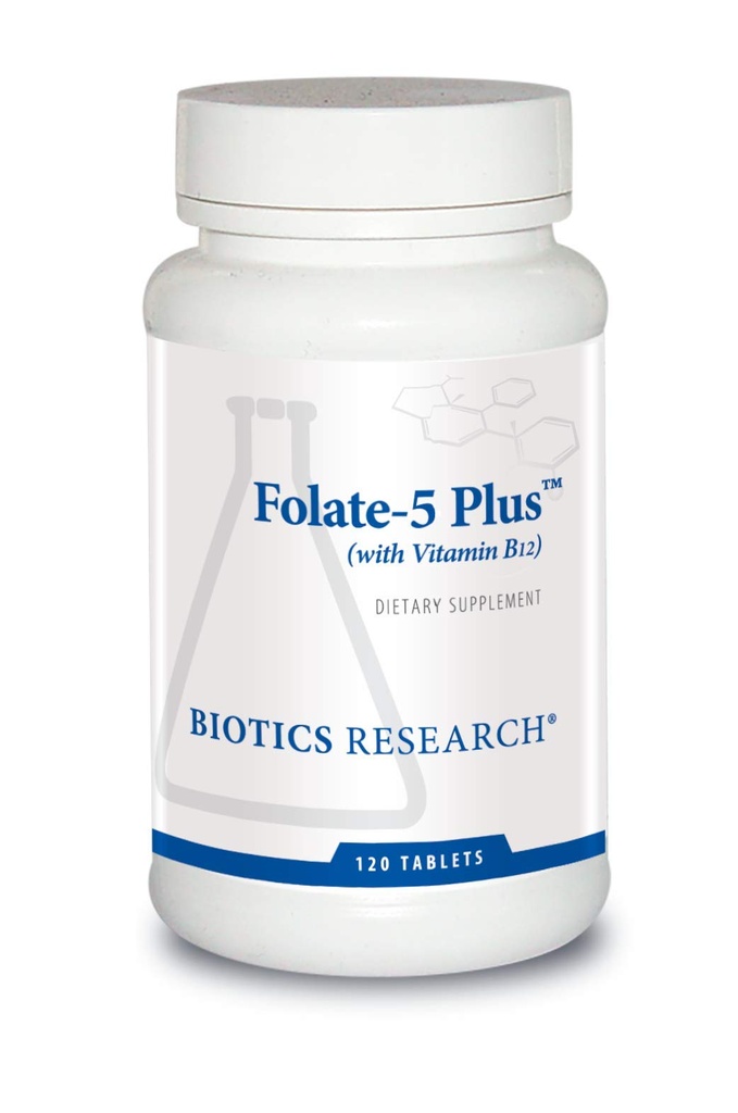 Biotics Research Folate 5 Plus High Potency Folate z B12, Wsparcie metylowe, 5 Miligram Natural and Whole Food Form of Folate, 18mcg B12, Żywienie w ciąży, Wsparcie energetyczne, Zdrowa skóra, 120 tab