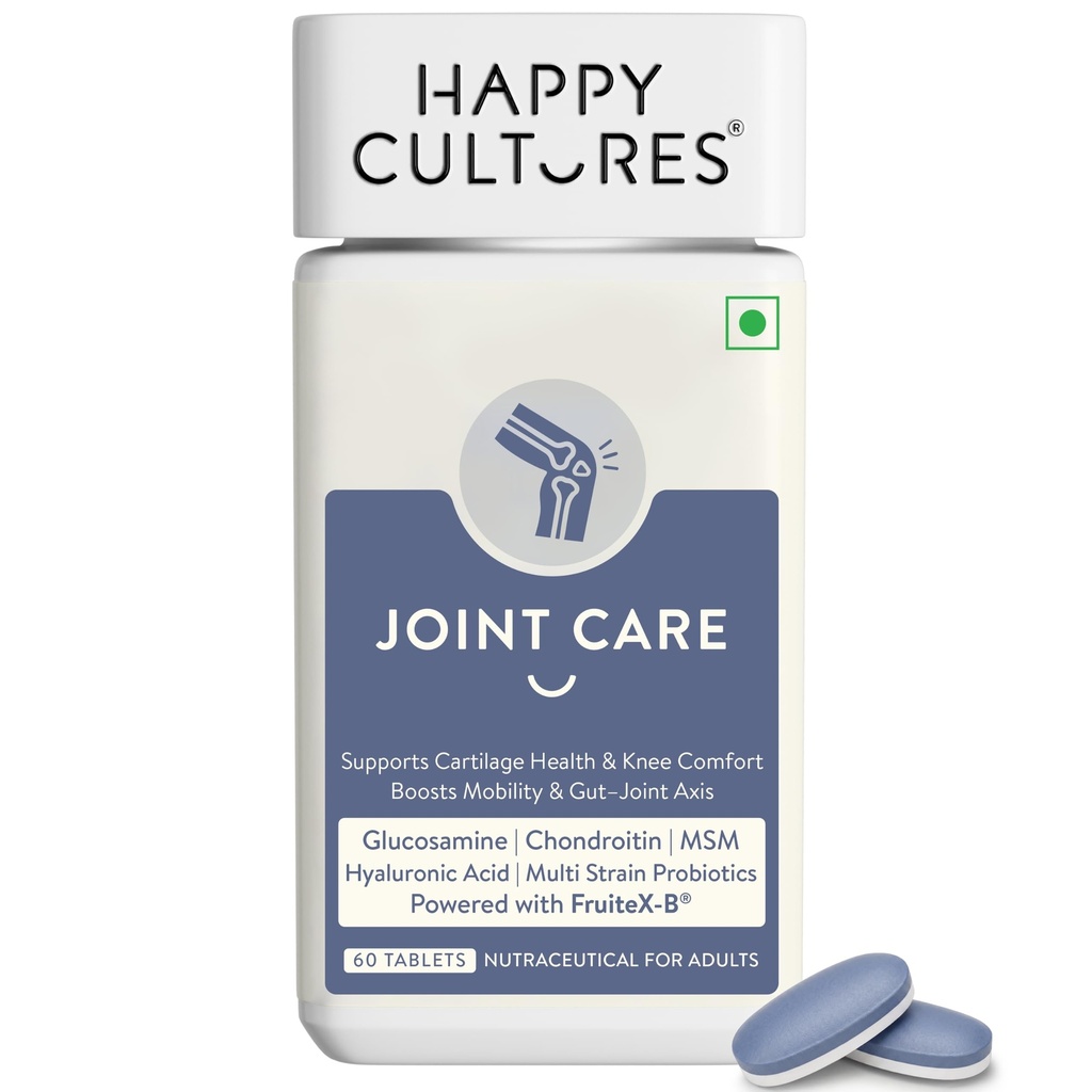 Happy Cultures Glucosamine Tablet for Joint Care | Supports Cartilage Health, Knee Comfort & Bone Health | Boosts Mobility & Gut -Joint Axis | with MSM, Chondroitin, FruiteX-B, Hyaluronic Acid & Probiotics with Vitamin D3 & K2- 60 Tablets