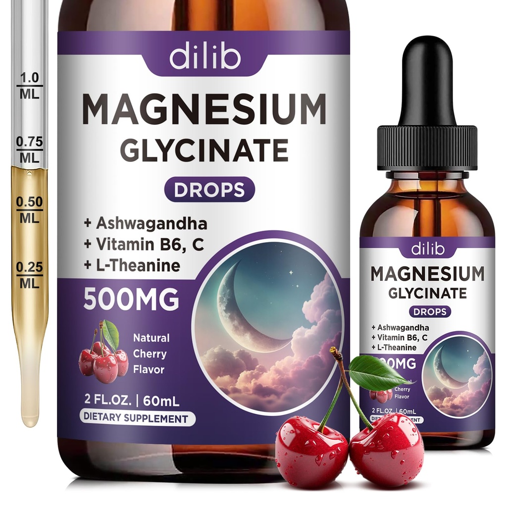 Magnezu Glicynian płynny krople 500mg, z witaminą B6, Ashwagandha, L - Theanina, Rumianek, Magnezu Glycynian Suplement Wysoka Absorpcja dla snu, Stres, Energia, Mood - Cherry Flavor