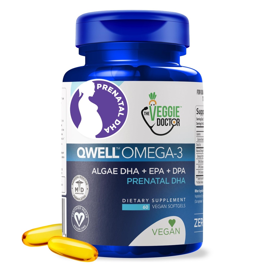 Wegańskie Witaminy prenatalne z DHA (60 Count) Omega-3 - Qwell Better Than Fish Oil, Funkcja mózgu - 820 Mg Algae DHA & EPA, Wegańskie Witaminy prenatalne z Witaminą E, Carrageenan- Free