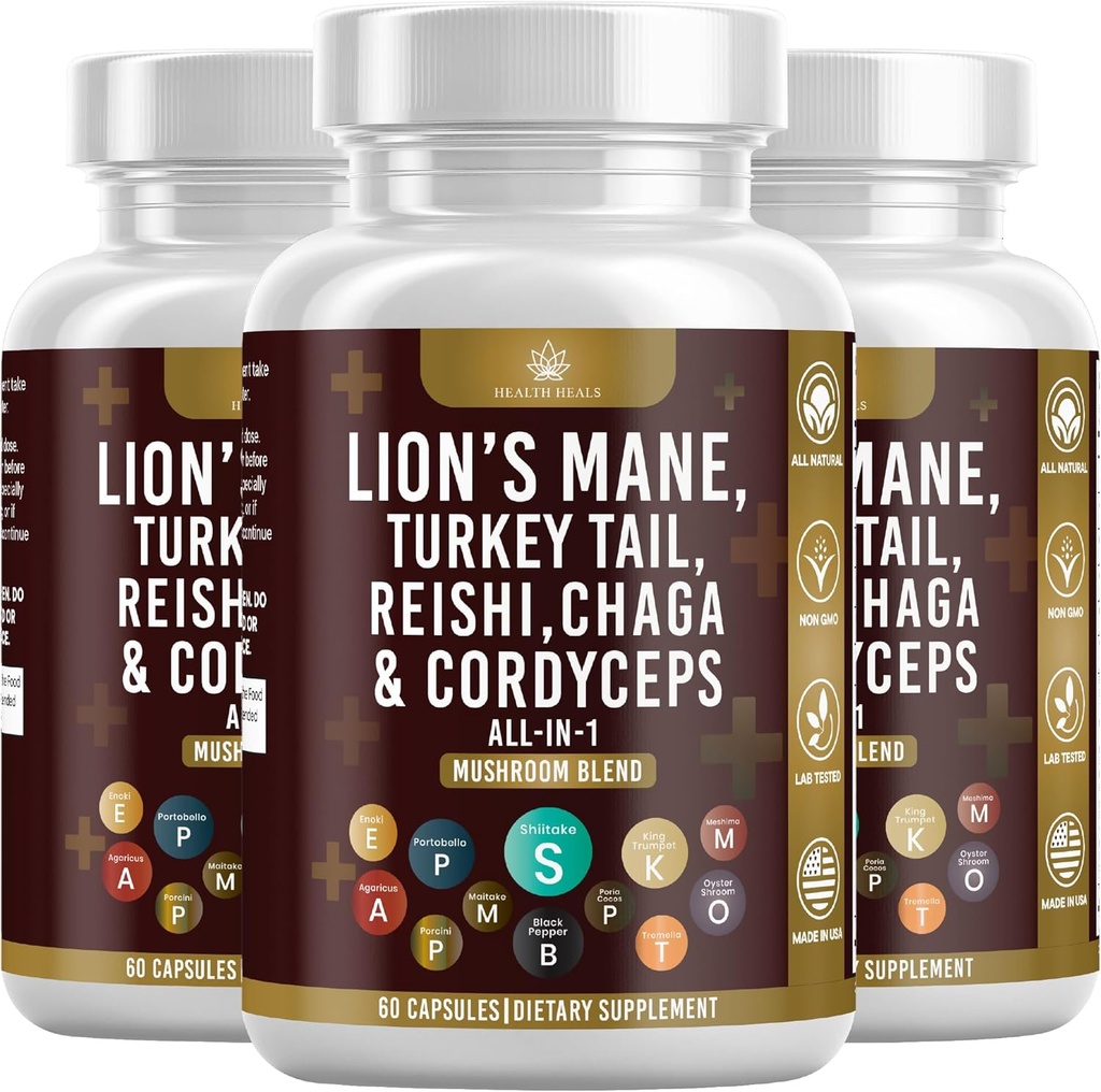 Mushroom Supplement with Lion 's Mane Turkey Tail Reishi Cordyceps Chaga Marshmallow Root - 180 Count