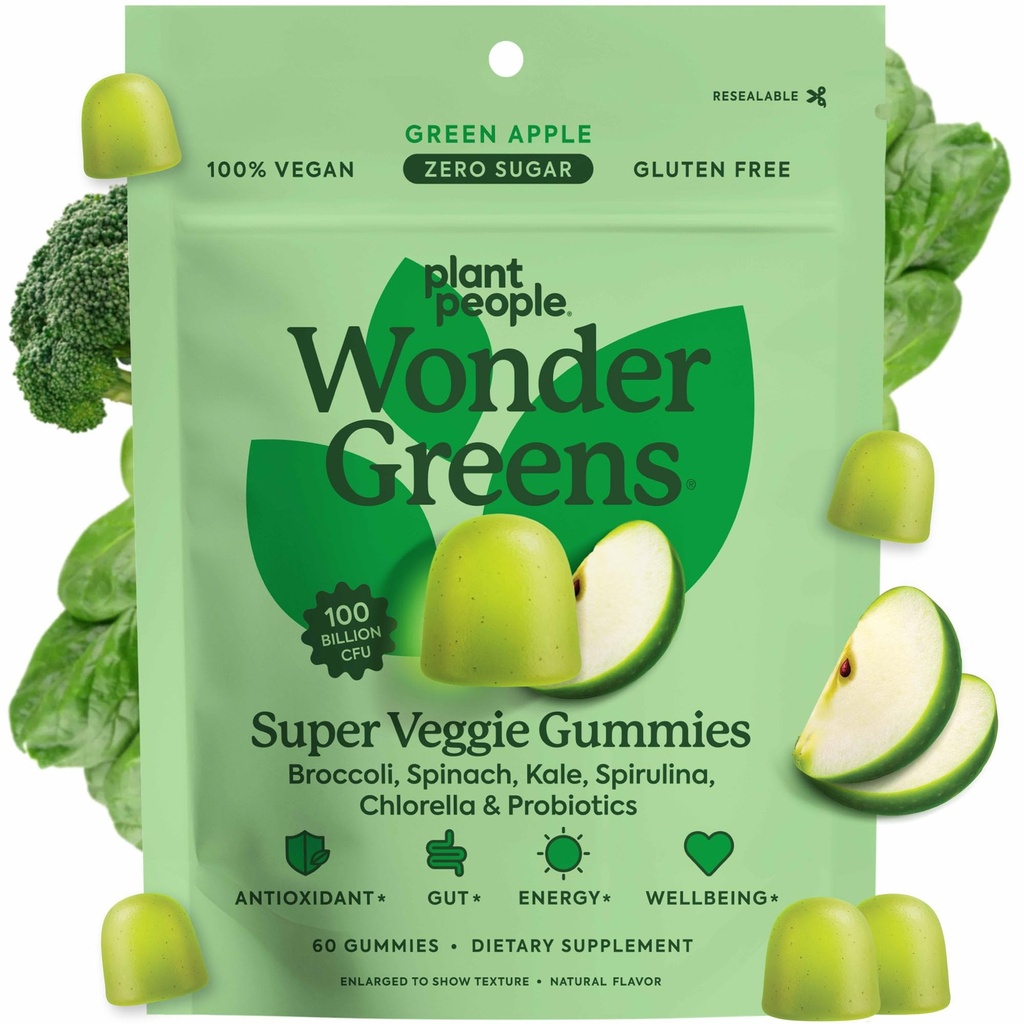 Plant People WonderGreens Veggie Gummies Super Greens with Probiotics Multivitamin Support Gummy for Wellbeing, Energy, Immune and Gut Health, Green Apple Flavor (60 Count)