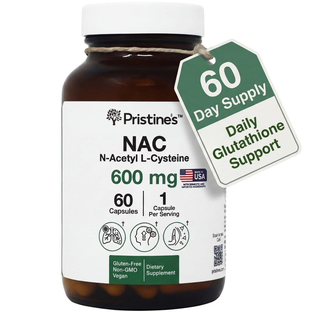 PRISTINE 'S N- Acetyl L- Cysteina (NAC) 600MG 60 Day Supply Supplement Capsules - Glutathione & Liver Detox Support - Pothent Antioksydant - Wegan, Gluten Free, Nie GMO Butelka szklana