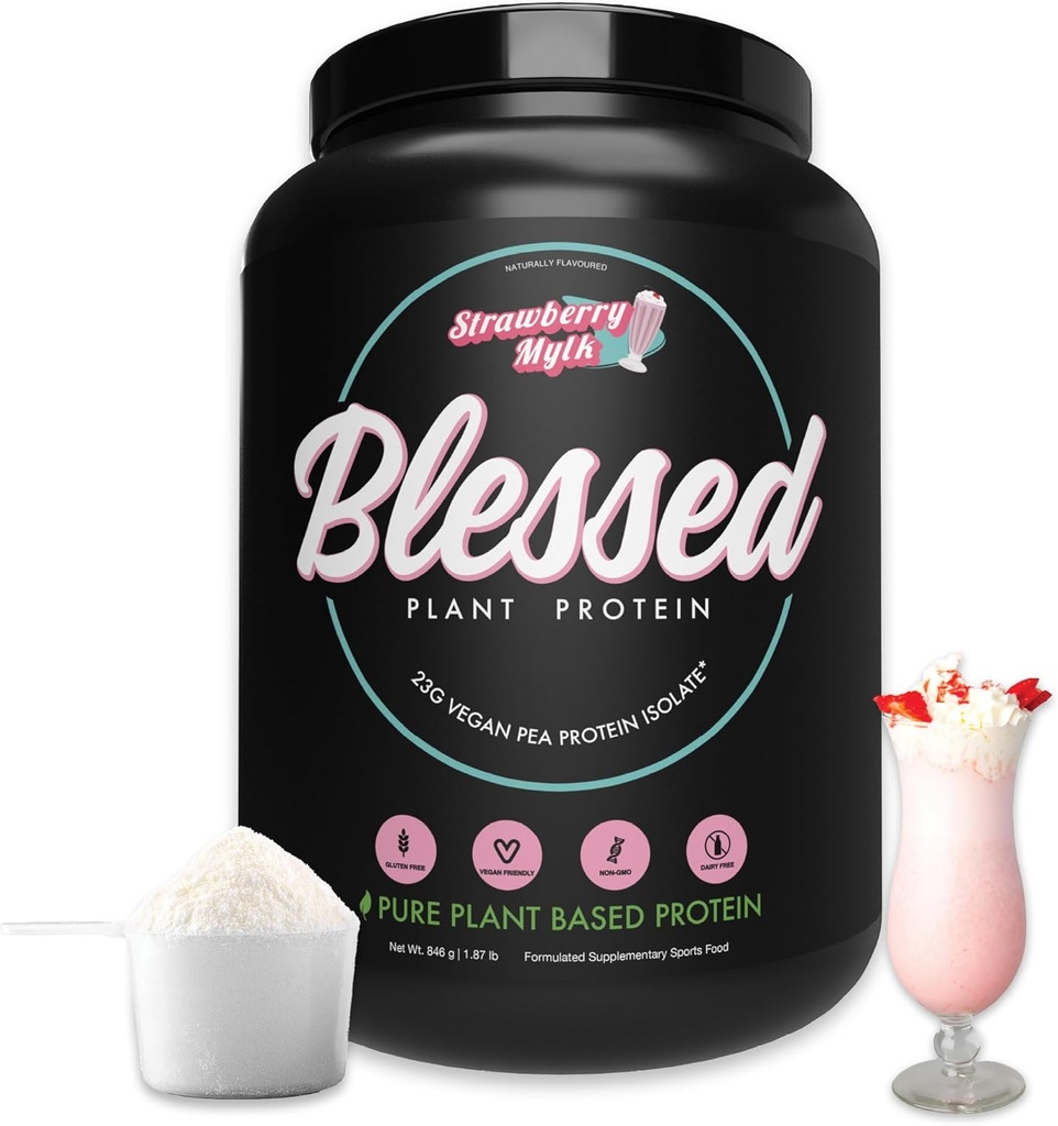 Błogosławiony Wegański proszek z protein - roślinny proszek z protein z protein w proszku, 23 g proszku z protein grochowych, bezmleczny, bez glutenu, bez dodatku cukru, 30 porcji (Truskawkowy Mylk)
