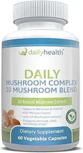 Daily Health 10 Mushroom Blend Complex 60 Kapsułki Cordyceps, Reishi, Shiitake, Lions Mane, Maitake, Turcja Tail, Chaga, Agaricus, Biały przycisk, Czarny grzyb, Vegan Friendly (1 miesiąc dostaw)