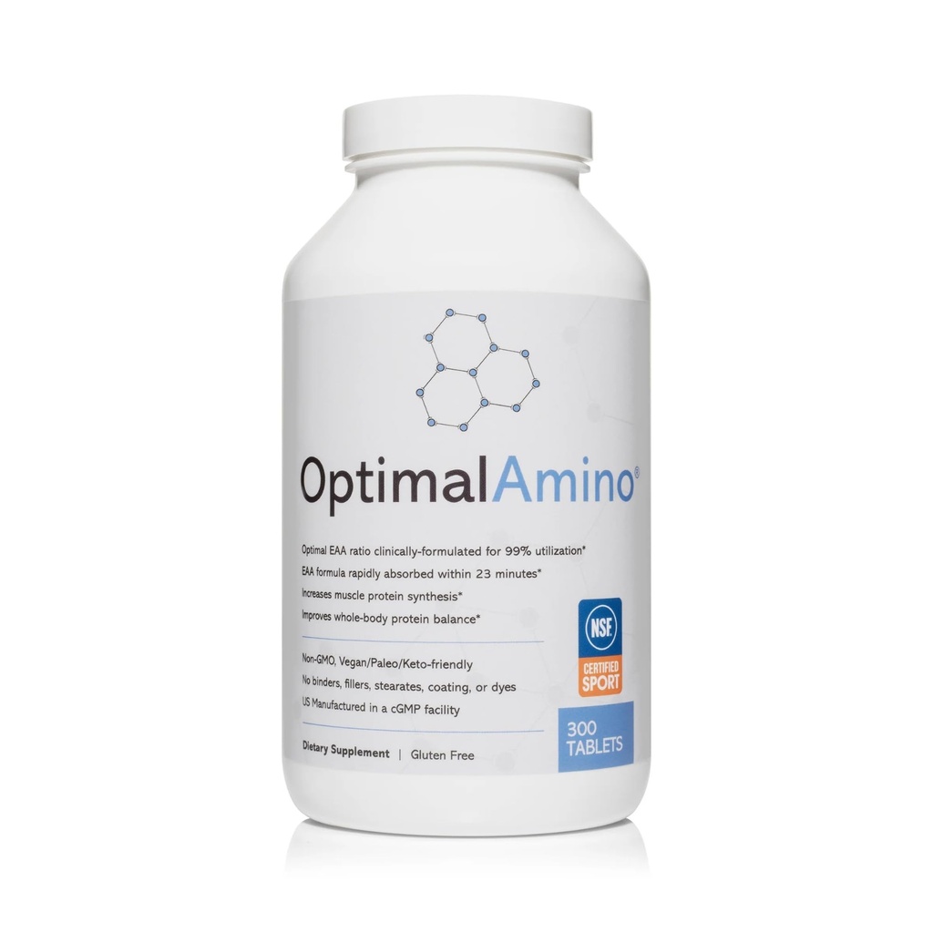 OptimalaAmino Tablets (300 Count) X124; 99% zużyte Essential Amino Acid (EAA) Suplement, Zwiększ odzysk mięśni, BCAA Protein Pre / Post Workout X124; NSF Certified for Sport ® Certified