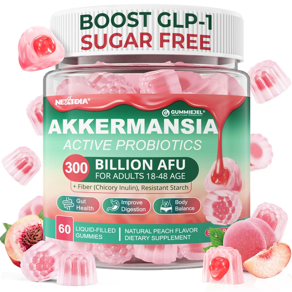 Bakermansia Probiotics Gummies z prebiotyki Fiber, 300 Miliard AFU Akkermansia Muciniphila, z Polyfenol Fruits, Oporny Skrobia, Witamina A D3 B2 dla metabolizmu, Digestive & Gut Health, 1Pack