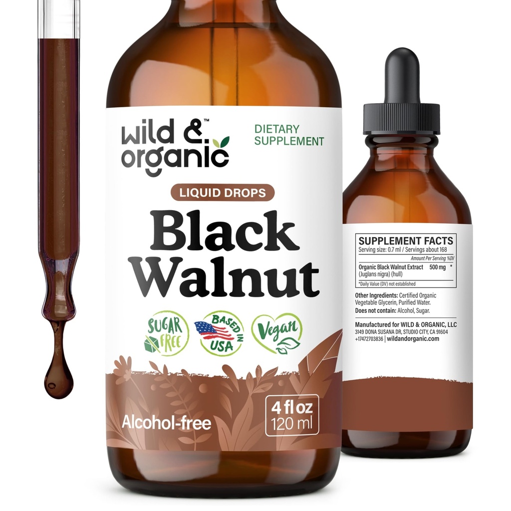 Wild & Organic Black Walnut Tincture - Detox Cleanse w / Black Walnut Hull Extract - Herbal Supplement for Gut Cleanse Detox and Digestive Well- Being - Vegan, Sugar & Alcohol- Free - 4 fl oz