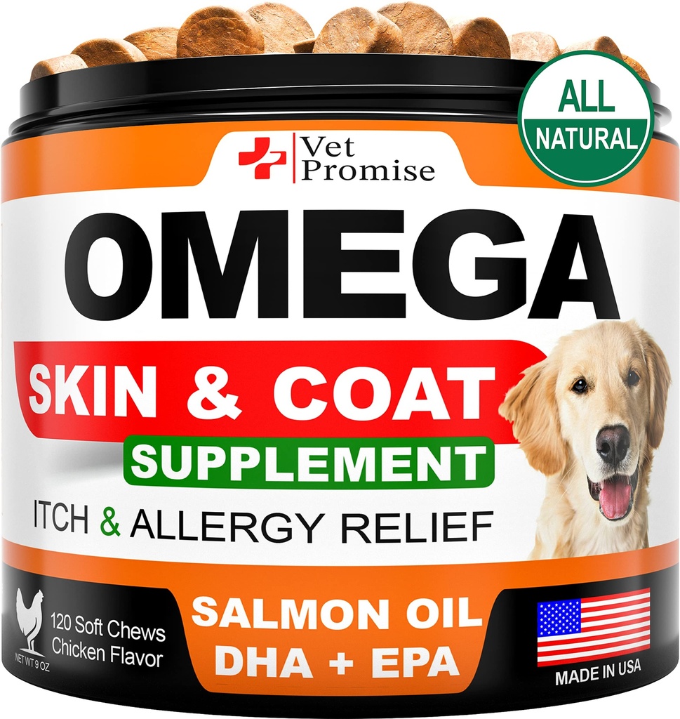 Omega 3 dla psów - Suplement do skóry i płaszcza - Olej rybny do żucia psów - Ulga alergiczna i swędząca - Suplement przeciwłuskowy - Suchość skóry - Olej łososiowy - Made in USA - 120 Soft Treats