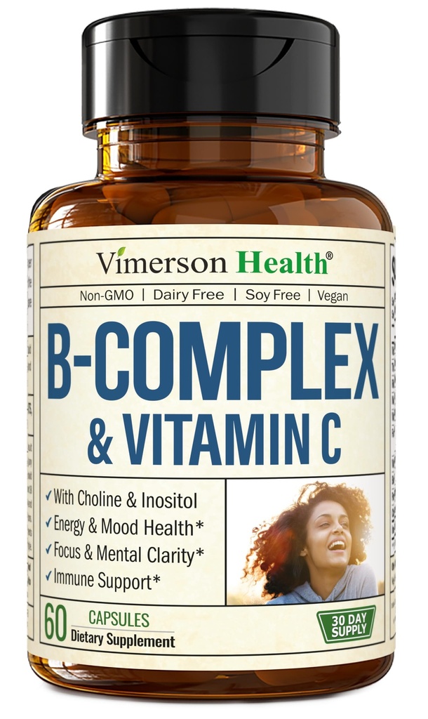 Witamina B Kompleks z VIT C & Kwas foliowy (Folate) - 8 Witaminy o dużej mocy B: B1, B2, B3, B5, B6, B7, Witamina B12 + Biotin, Cholina i Inozytol. Pomoc nastroje, energia, system nerwowy i wsparcie immunologiczne