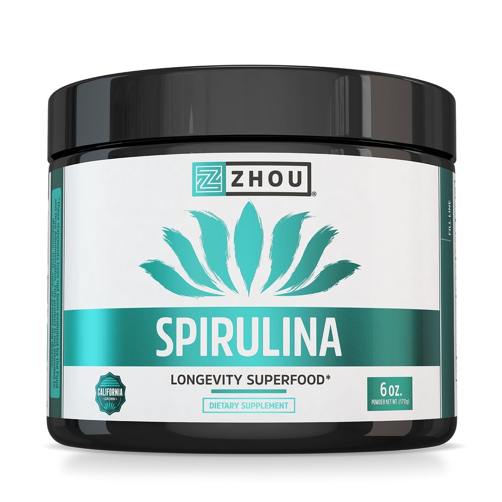 Zhou Spirulina Proszek - Niebieski zielony Spirulina Superfood dla kobiet i mężczyzn z białkiem wegańskim, Chlorofil i fikocyjanina dla Smooth Energy & Longevity, Drink Mix for Smoothies - 6 oz Jar (48 Servings)