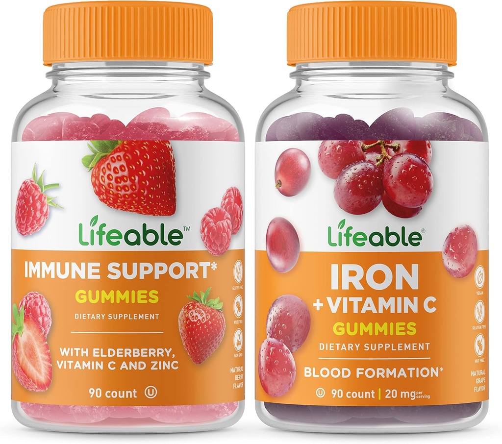 Żywe wsparcie immunologiczne + Żelazko z witaminą C, Gummies Bundle - Wielkie degustacje, Suplement witaminy, Gluten wolny, GMO wolny, Chewable