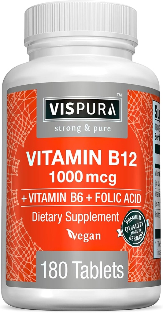 Witamina VISPURA B12 1000 µg Metylokobalamina + B6 / Kwas foliowy, 180 tabletek wegańskich, Najlepszy suplement do zwiększenia energii, Zwiększenie nastroju, ostrość ostrości *, Suplement organiczny