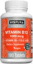 Witamina VISPURA B12 1000 µg Metylokobalamina + B6 / Kwas foliowy, 180 tabletek wegańskich, Najlepszy suplement do zwiększenia energii, Zwiększenie nastroju, ostrość ostrości *, Suplement organiczny