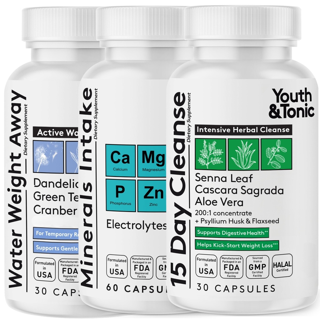 Młodzież & Tonic Water Away i 15 dzień Cleanse Bundle, Pakowane z uzupełniającymi elektrolitami do wsparcia nawadniania podczas korzystania z diuretyki