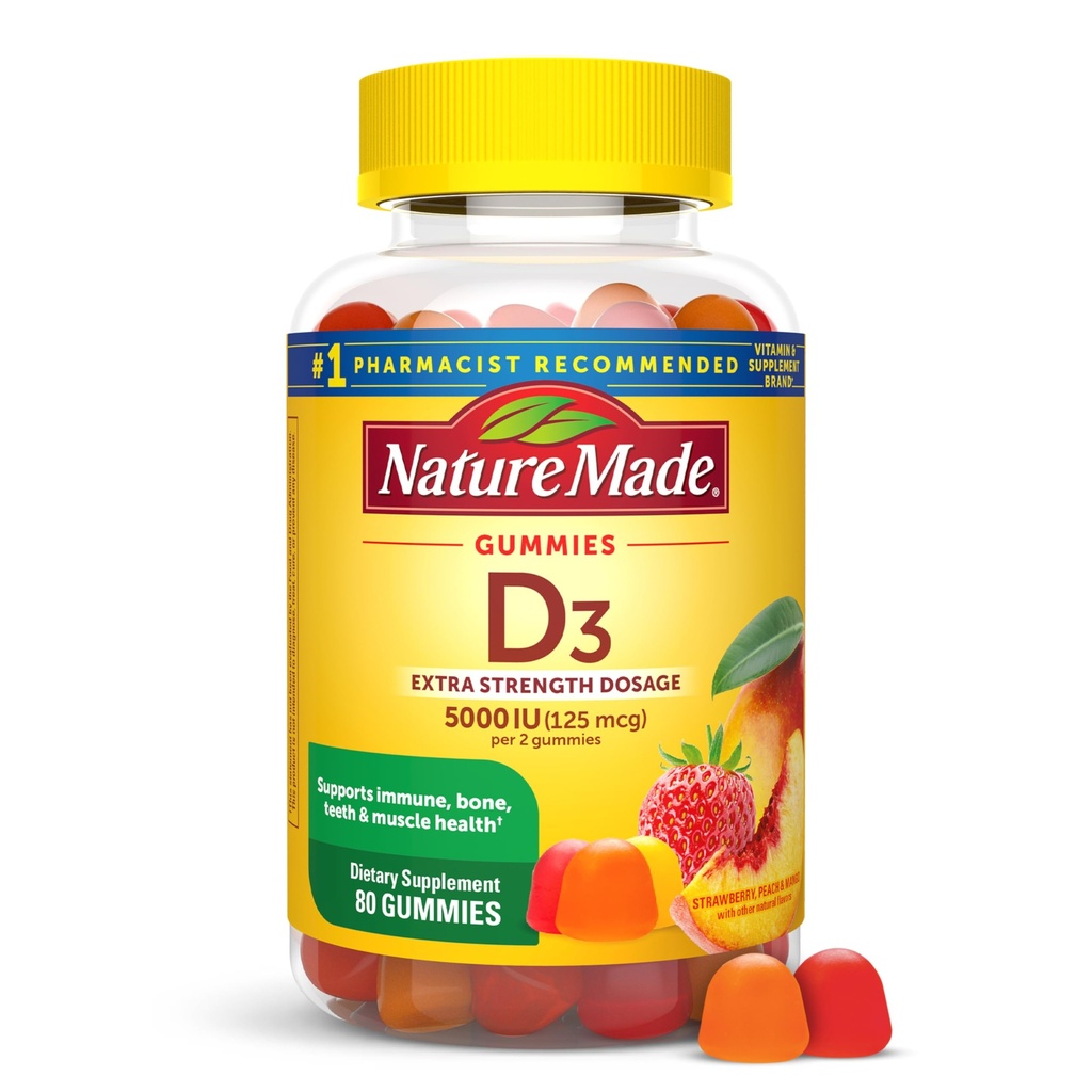 Nature Made Witamina D3 5000 j.m. Na Podawanie Gummies Dodatkowa siła, kości i immunologicznego wsparcia zdrowia, 80 Gummies witaminy D dla dorosłych, 40 Day Supply