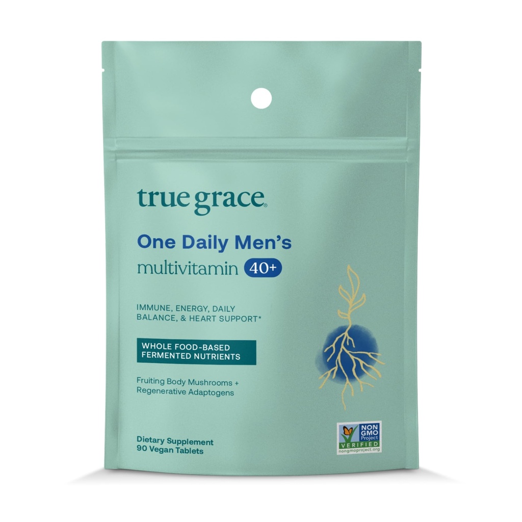 True Grace Men 's 40 + One Daily Multivitamin Fermented Minerals, Organic Adaptatogens & Mushrooms Whole Body Balance Immune, Endurance, Bone & Heart Supplement - Non-GMO - 90 Tabletki wegetariańskie