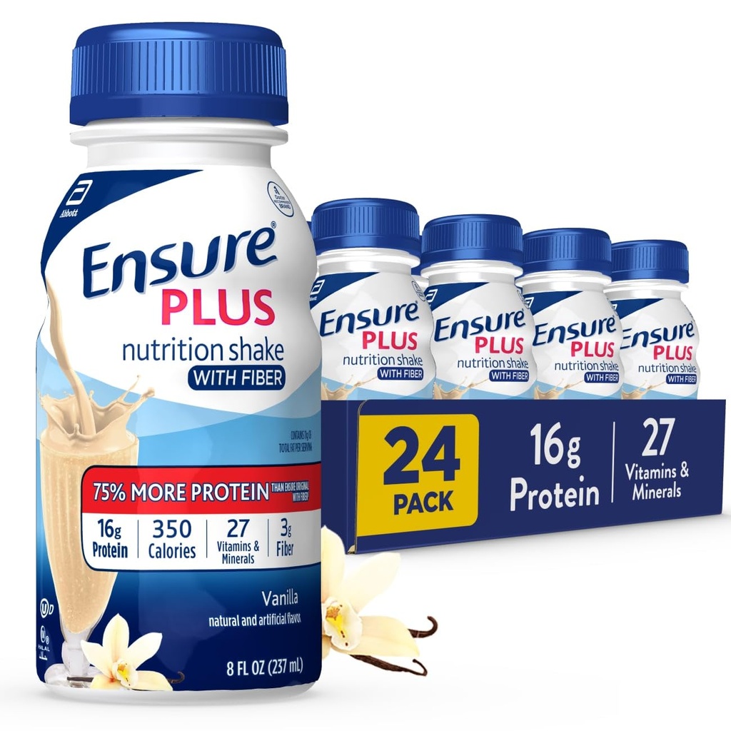Zapewnić Plus Vanilla Nutrition Shake Z włóknem 124; Mączka zastępczego shake 124; Gotowy do picia 124; 16 g białka i 27 Witamin i minerałów 124; 8 fl oz - 24 Pack