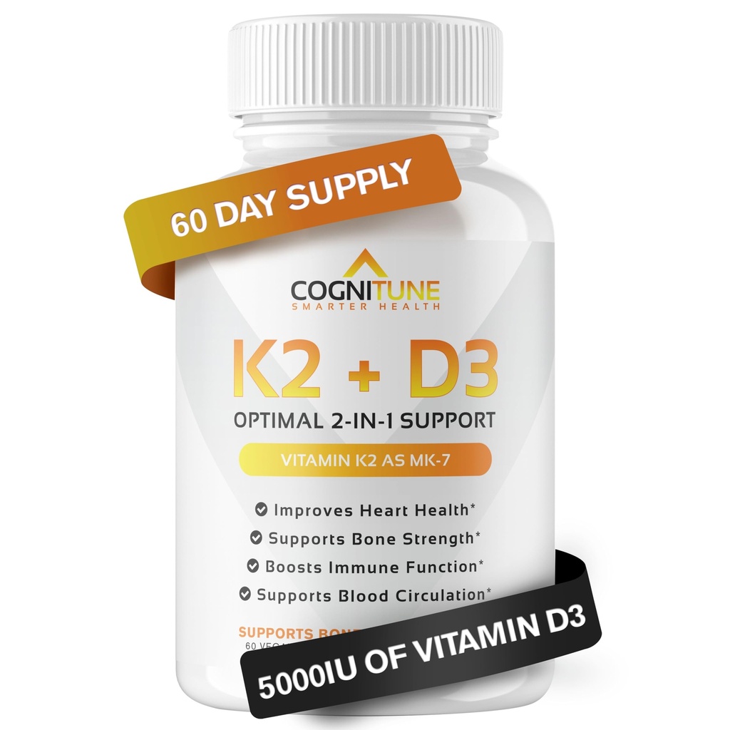 Witamina D3 5000 j.m. z witaminą K2 (MK7) Suplement - Premium immunologiczne, serce i kości Kapsułki - Witamina K2 D3 Kompleks z 5000 j.m. witaminy D3 i 90 μg witaminy K2 mk7- 60