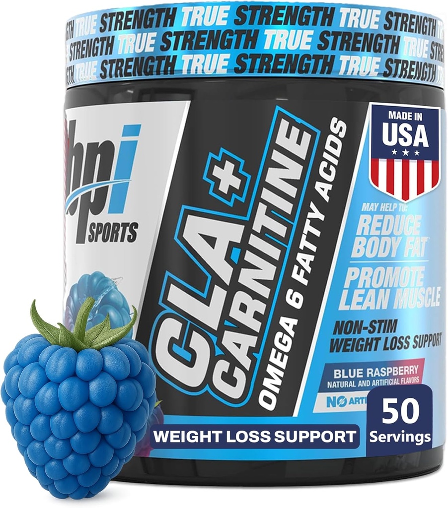 BPI Sports CLA + Karnityna - CLA L Karnityna i kwas linolowy - L Karnityna Suplement do utraty wagi, Metabolizm i Chude Mięśnie - Kofeina wolna - Błękitna Malina - 50 Służenie - 12.34 oz