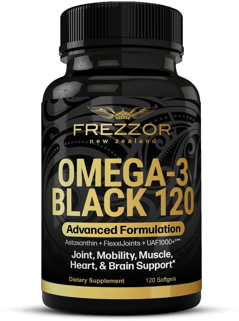 FREZZOR Omega 3 Black - Green Lipped Mussel Oil Kapsułki, Made in New Zealand, UAF1000 +, No Fishy Aftersmast, 120 Count (Pack of 1)