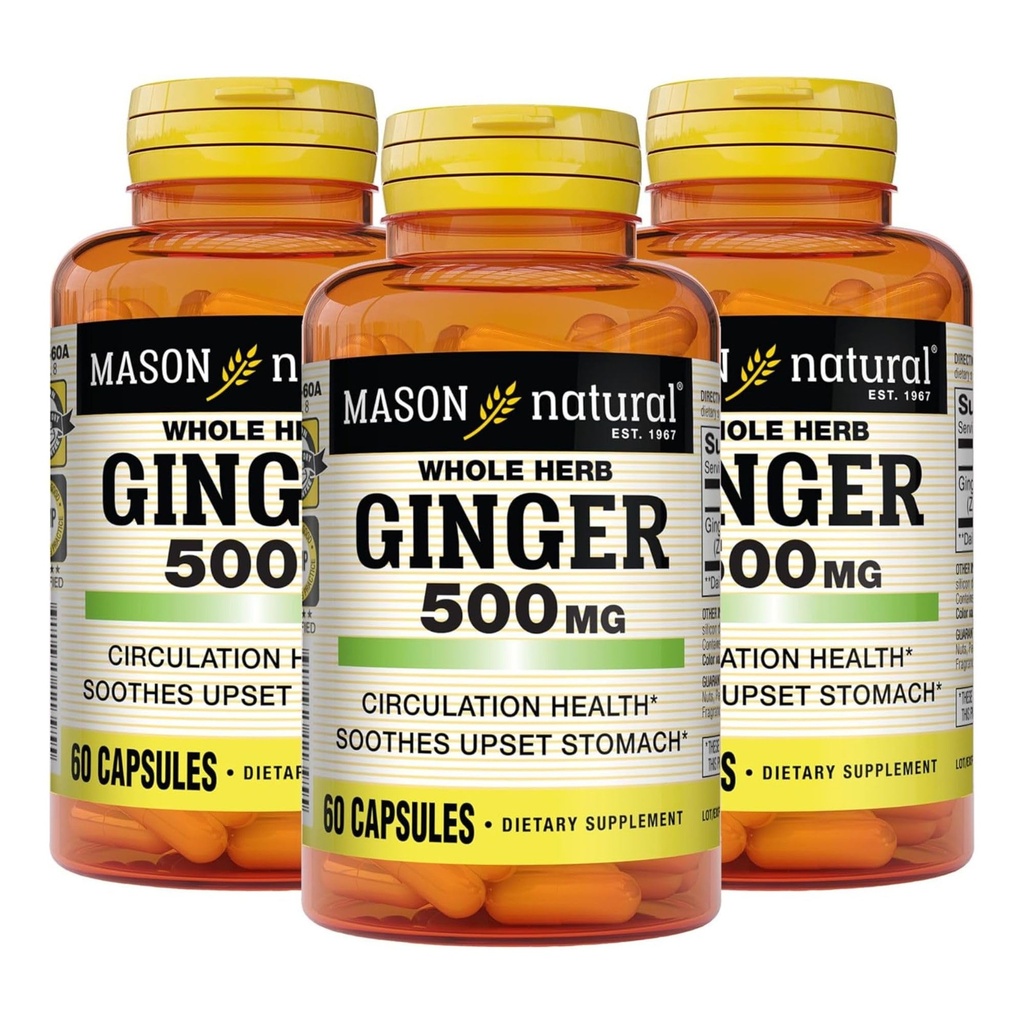 MASON NATURAL Whole Herb Ginger 500 mg, 6 miesięcy dostaw, Natural Herbal Supplement, 60 kapsułek (3 opakowania)