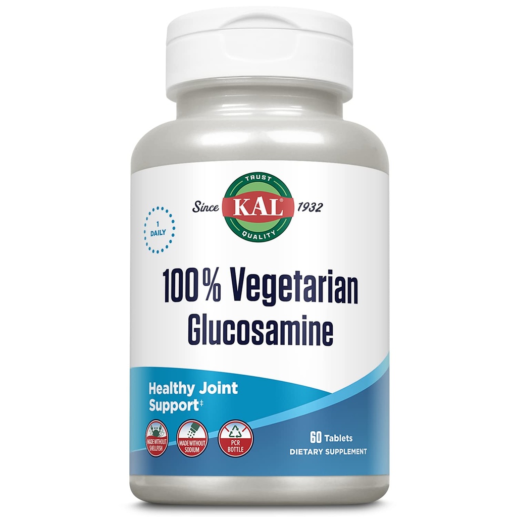 KAL 100% Glukozamina wegetariańska 1000 mg, Joint Health Supplement with Vegan Glukozamina HCl, Joint Support for Comfort and Mobility, Made Without Shellfish, 60- Day Guarantee, 60 Służenia, 60 Tabletki
