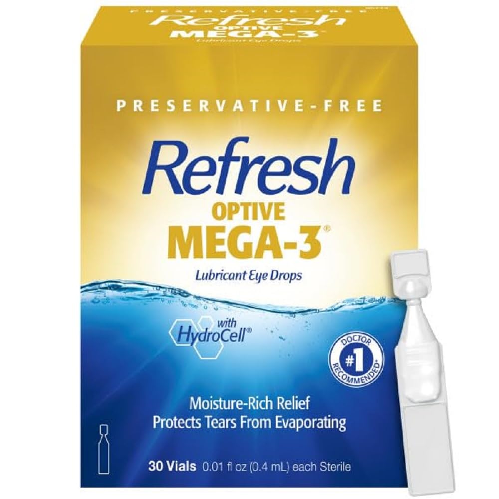 Odśwież optyczne krople do oczu MEGA-3 Lustra Preserve-Free sztuczne łzy, 0,01 fl oz (0,4 ml), 30 Kontenery do jednorazowego użytku