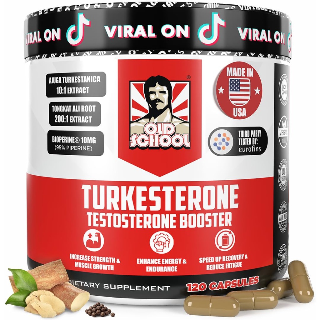 Old School Labs Testosteron Suplement dla mężczyzn - Max Pottency Tongkat Ali z BioPerine ® dla Max Wchłanianie, Wspomaga mięśnie, Siła, Recovery, Drive & Stamina - Turkesteron, 120 Kapsułki