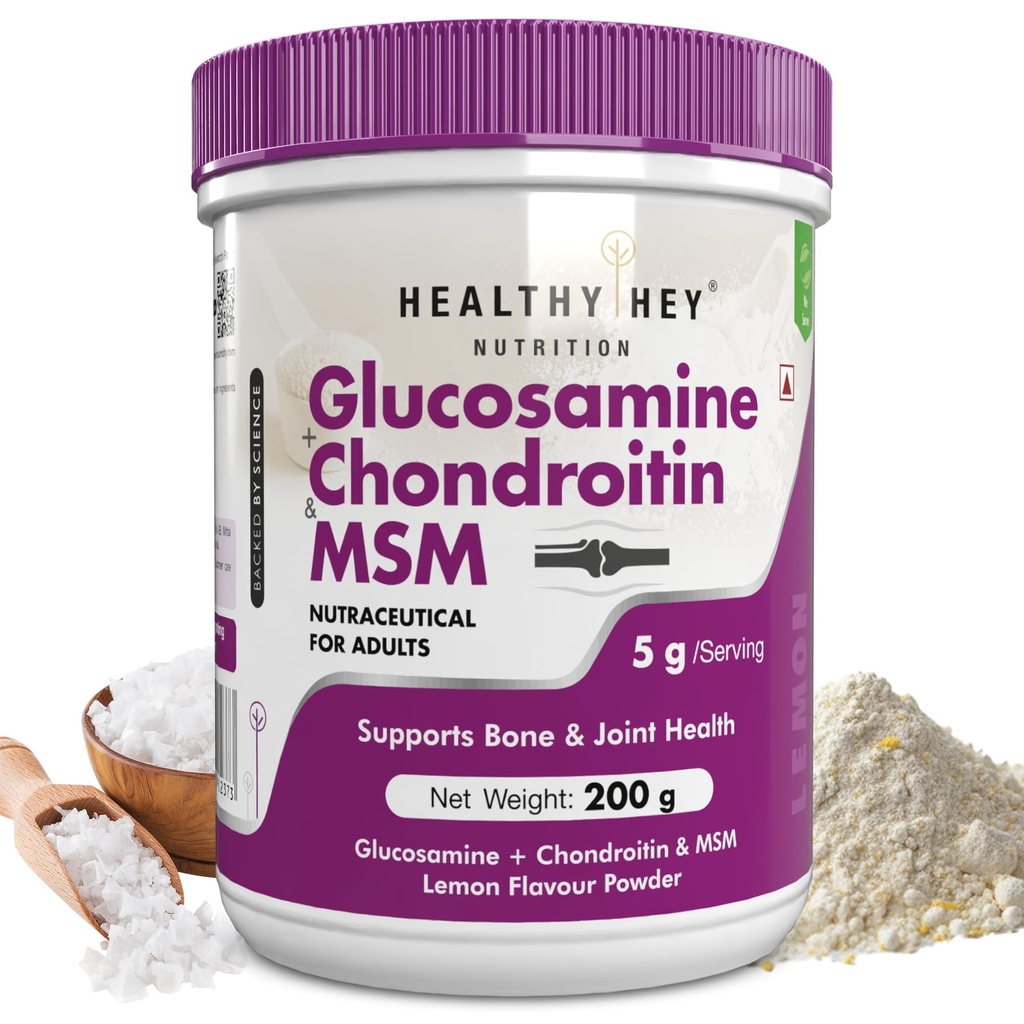 HealthyHey Nutrition Glucosamine + Chondroitin & MSM Powder - Lemon Flavour - 200g