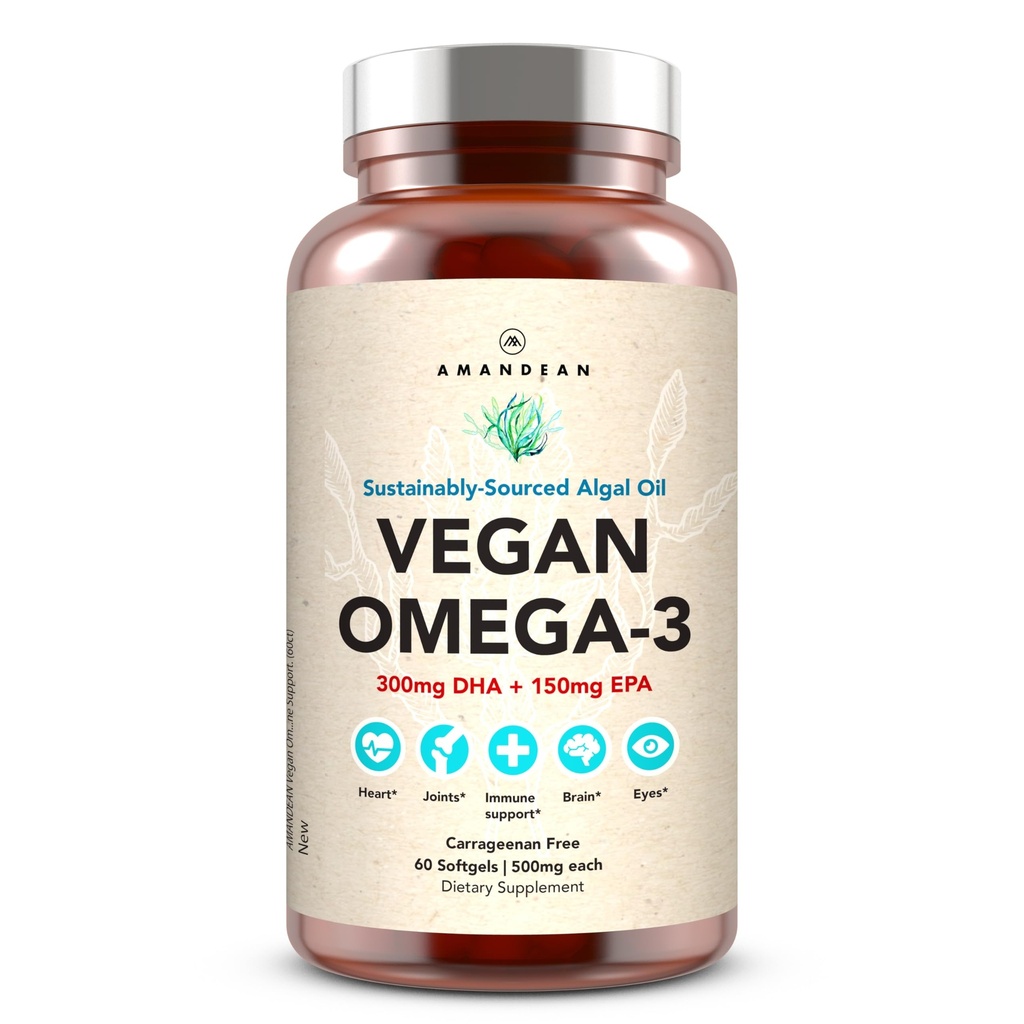 AMANDEAN Vegan Omega 3 Suplement. Premium Fish Oil Alternative. Algae DHA & EPA. Carrageenan Free Softgels. Algal Essential Fatty Acids. Serce oparte na roślinach, mózg, oko, skóra, wsparcie immunologiczne. (60ct)