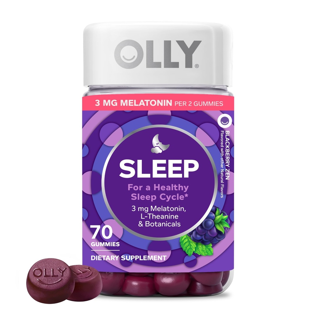 OLLY Sleep Gummy, 3 mg Melatonina, L- Theanina, Rumianek, Balsam cytrynowy, Pomoc senna, Blackberry - 70 Count