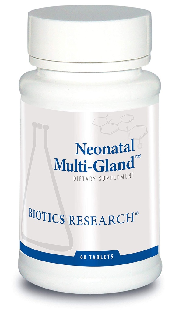 Badania nad biotyką Neonatal Multi- Gland ™ Mieszane organy i koncentraty glandularne, Szeroka terapia spektralna, śledziona, serce, pancreas, nerki, wątroba mózgowa, nadnercza, Thymus, przysadka mózgowa lub podwzgórze 60 Tabs
