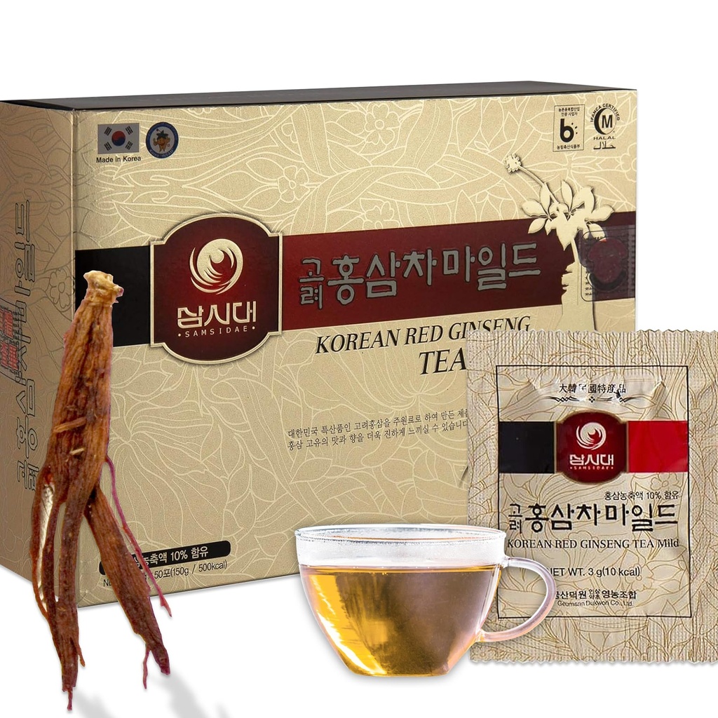 SAMSIDAE koreański Panax Red Ginseng Instant Tea, Pudełko 50 Sachets, Poprawia krążenie krwi, Intelektualne i pamięci, stymuluje energię