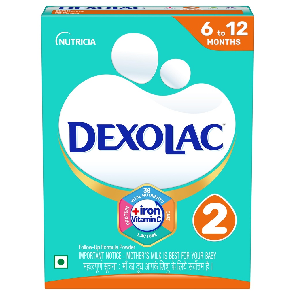 Dexolac Stage 2 Follow up Formula for Babies - (6-12 months) - with Iron, Vit C, Zinc, Protein & other Vital nutrients - 400g -Bag-In-Box
