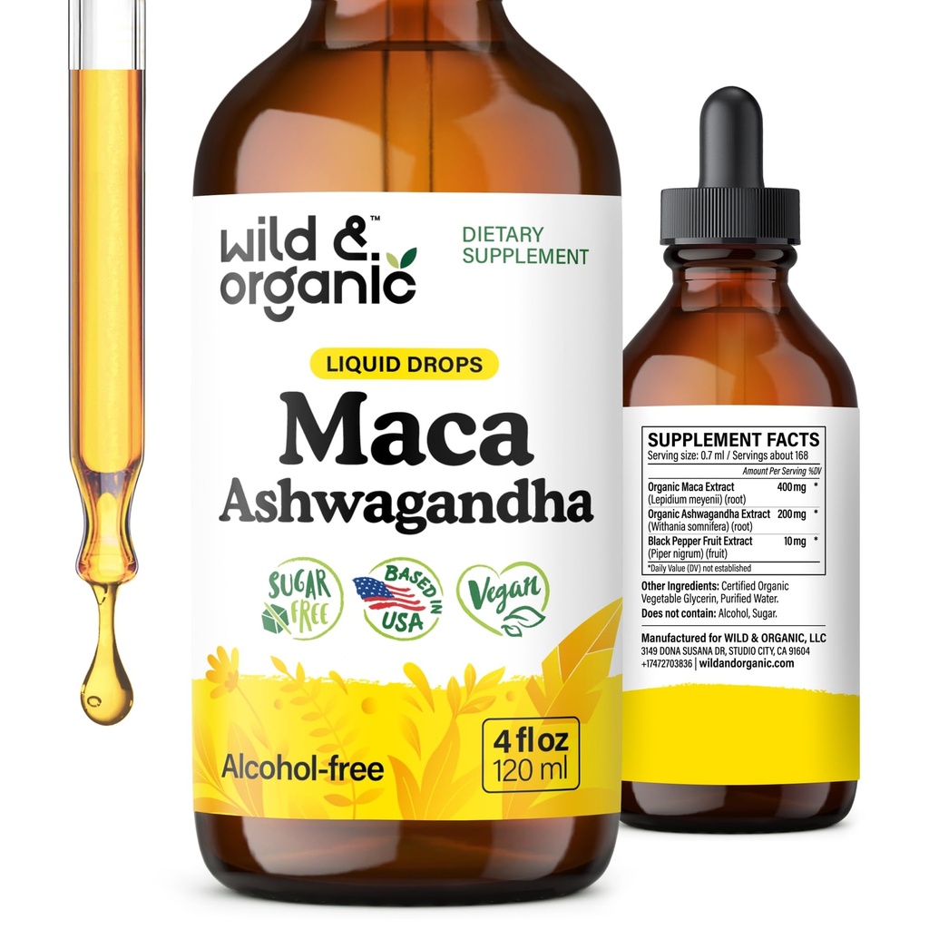 Wild & Organic Maca Root Ashwagandha Drops for Men and Women - Liquid Maca Ashwagandha Supplement for Total Support - Peruwiański ekstrakt Tincture - Vegan, Sugar & Alcohol- Free - 4 fl oz