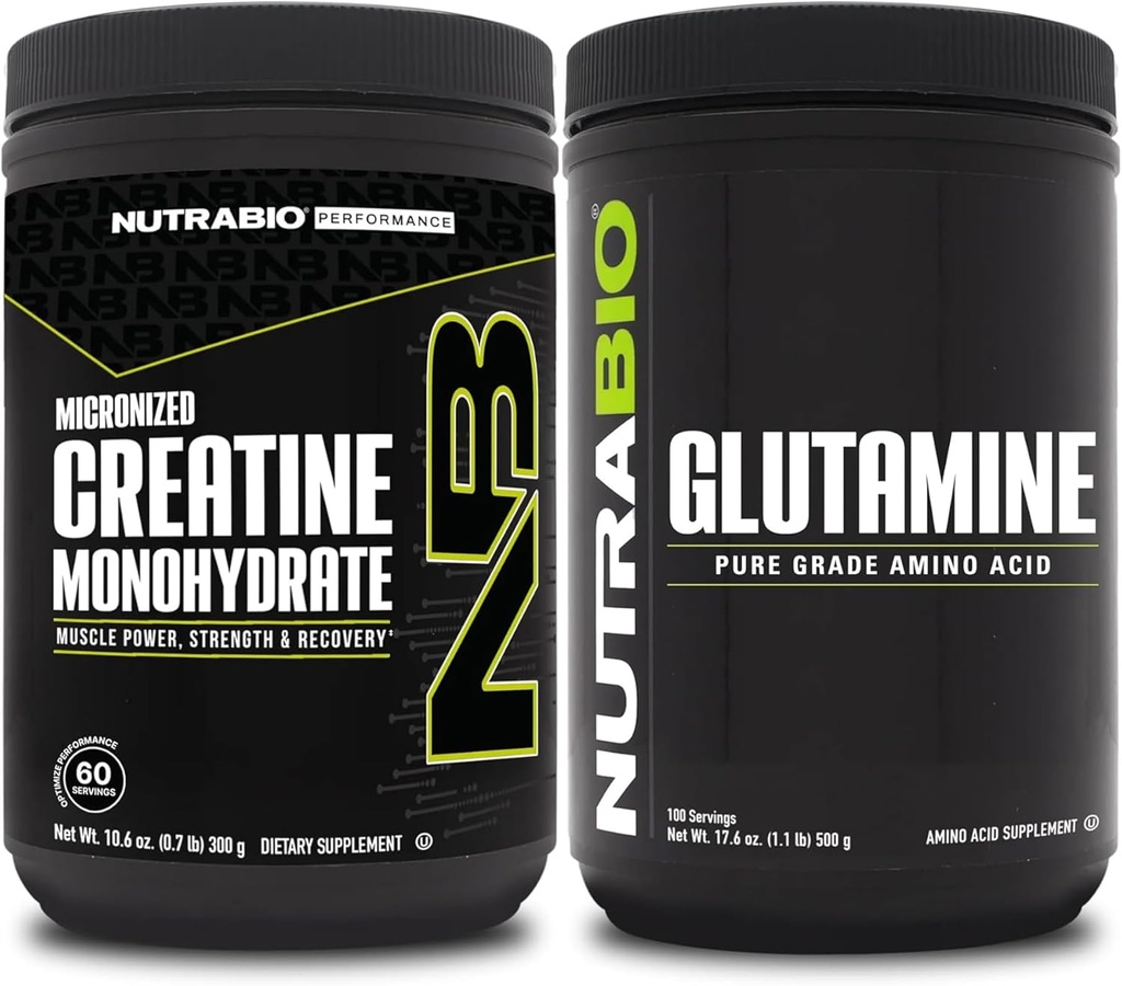 Monowodny suplement NutraBio Creatine, nienasycony, (300g) i proszek L- glutaminy, (500g) - Kompleks treningowy wspiera energię mięśniową, odzysk i siłę