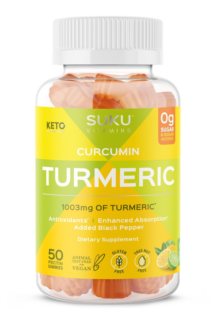 SUKU Kurkumina Kurkumina Cukru Wolne Gummies 1003mg Turmeric - Czarny pieprz Chroni Wątrobę, Poprawia trawienie, Zapalenie Response & Joint Health - Lemon Lime Flavour (50 Gummies)