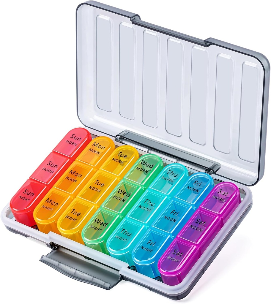 Odaro Pill Organizator 3 razy dziennie - Portable Weekly Medicine Box z 7 oddzielnych pojemników, Podróże 7 dni Pill Box, czarny
