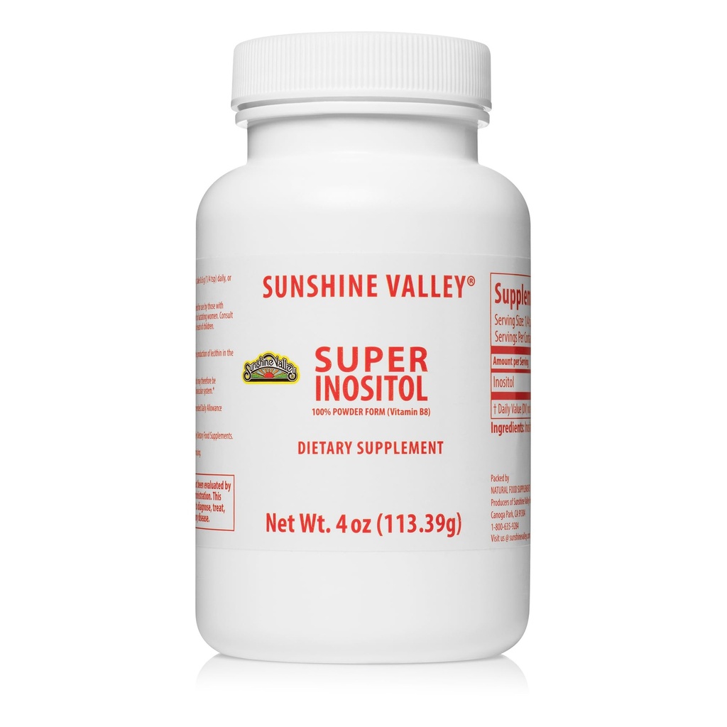 Sunshine Valley ® Super Inositol, witamina B8 w proszku Suplement diety, Naturalny PCOS Suplement płodności, Hormonal Balance & Healthy Ovarian Function Support - 4 oz