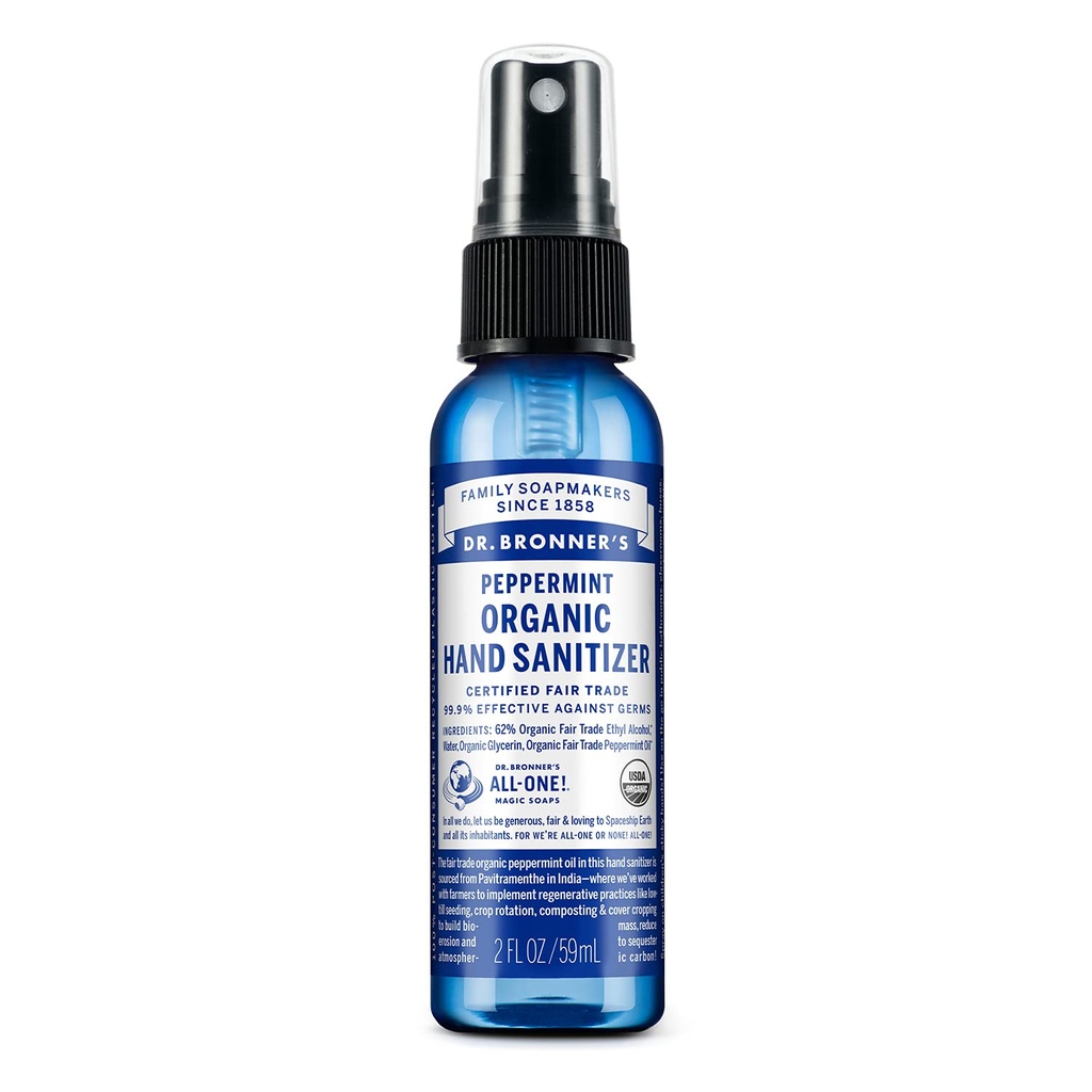 Dr Bronner 's - Organic Hand Sanitizer Spray (Peppermint, 2 unce) - Prosta i skuteczna formuła, Cleanses & Sanitizes, No Harsh Chemicals, Moisturizes i Cleans Hands