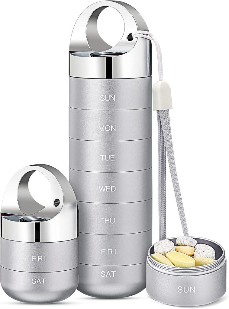 Zannaki Metal Travel Pill Organizator, Przenośny wodoodporny Weekly Pill Box, Duży Aluminiowy Alloy Pill Case Container, BPA Free 7 Daily Medicine Organizator Holder for Witamina, Olej rybny, Suplement