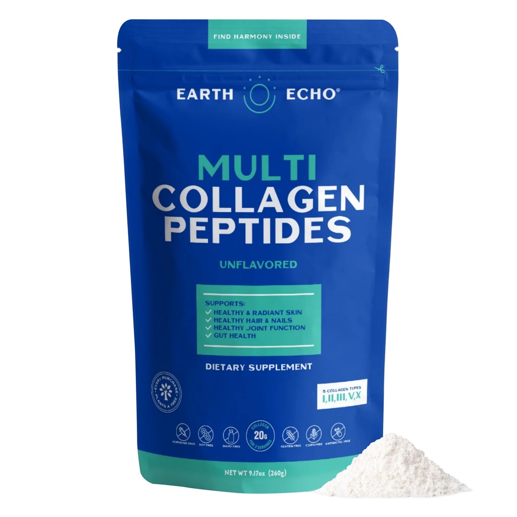 Ziemia Echo Multi Kolagen Peptydy, Zhydrolizowany Kolagen z witaminą C i kwasem hialuronowym, Wspiera Promieniową Skórę, Zdrowe Przyłączenia, Gut Zdrowie i Immune Function, Darmowy, 26 Sługi