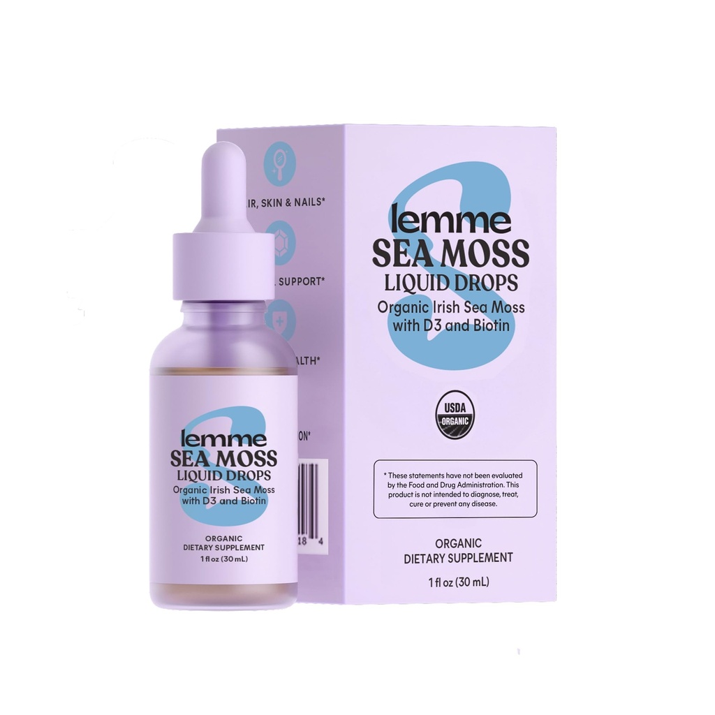 Lemme Irish Sea Moss Organic Liquid Drops z witaminą D3 i Biotin do śledzenia wsparcia mineralnego, Odporność, Włosy, Skóra i paznokcie, Zdrowie mózgu - Gluten & Sugar Free, Nie GMO, 1 oz, 30 Służenie