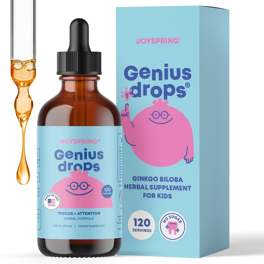 JoySpring Genius Drops - Organic Focus Drops dla dzieci 124; Clinically Proven Focus Supplement pomaga dzieciom lepiej wykonywać w szkole 124; Liquid Herbal Supplement with Ginkgo Biloba (4 fl oz) 120 Sługi