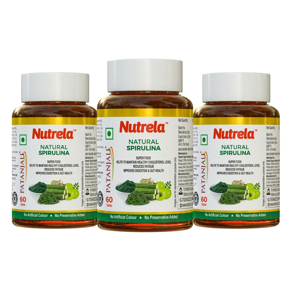 Patanjali Natural Spirulina Tablets with Amla, Moringa and Ashwagandha Extract for Men and Women - Pack of 3